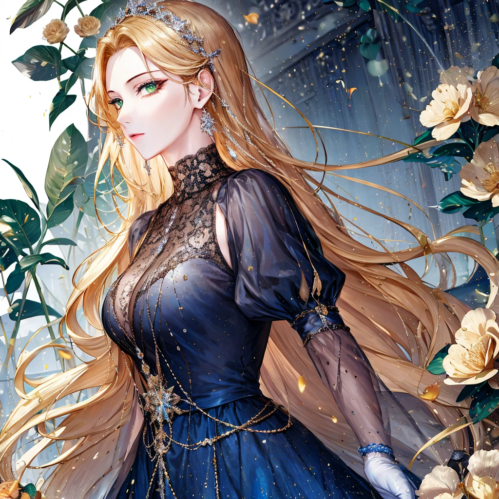 shoujo-style, (floral background, romance manhwa), 1girl, blonde hair, solo, long hair, flower, dress, tiara, white dress, gloves, long sleeves, choker, green eyes, mascara, makeup, white gloves, black bow, black flower, wavy hair, bow, bra, jewelry, looking at viewer, white background, collarbone, puffy sleeves, silver accessories, upper body, parted bangs, very long hair, blue dress, frills, bangs, closed mouth, detailed eyes, sparkle