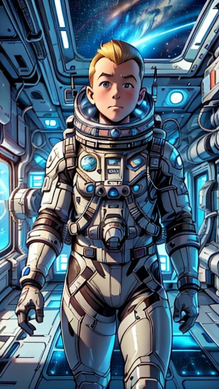 (1man, Tintin,1boy), (extremely detailed CG unit 8k wallpaper),(master part), (best quality), (ultra detail), (best illustration),(dieselpunkAI), cowboy shot,(Sharp eyeliner, ombre, detailed eyes:1),Outer Space Station interiors background,break,(astronaut in a space suit),upper body,short hair,blonde hair, 