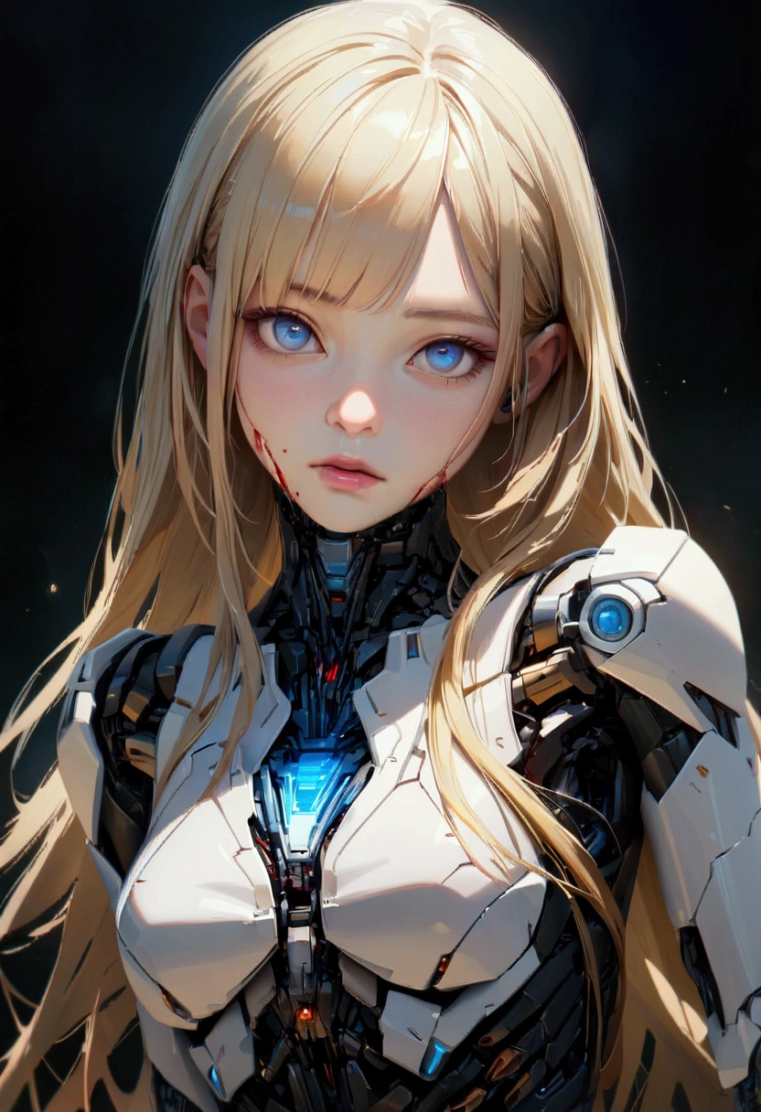 a young cyborg woman, (shoulder-length hair, blonde, side bangs), blue eyes, chest, cyborg body, front-facing, UHD, 1080 P, ultra-detailed, ultra-realistic, best quality, bleeding