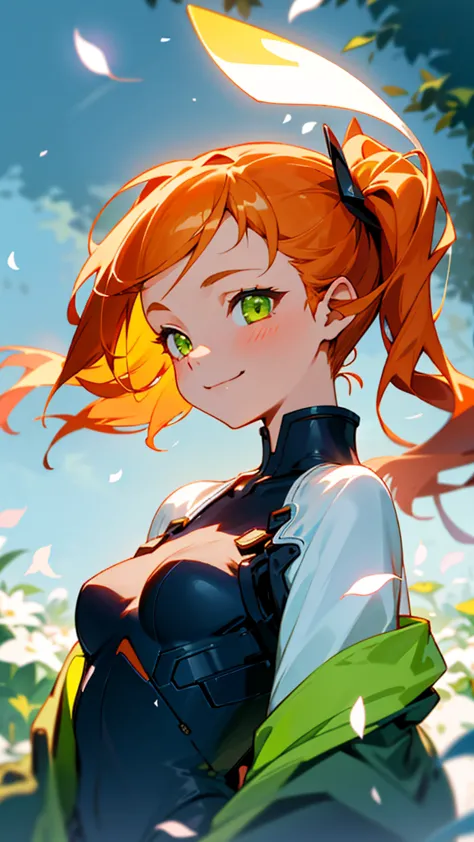 1 girl、Riders jacket、Small breasts、Orange Hair、Glowing green eyes、Side Ponytail、From the side、Wicked Smile、1 beautiful delicate ...