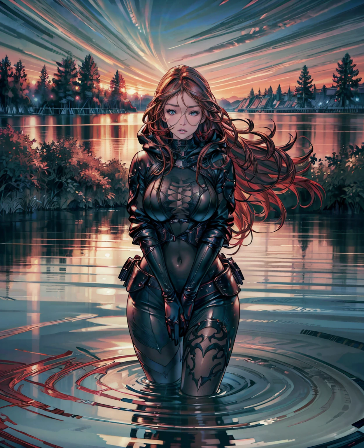 Gigi Hadid, beautiful detailed eyes, beautiful detailed lips, red hair, black hooded outfit, in lake flores, ethereal lighting, serene atmosphere, dramatic reflection, (best quality,4k,8k,highres,masterpiece:1.2),ultra-detailed,(realistic,photorealistic,photo-realistic:1.37),HDR,portrait,dramatic lighting,soft focus