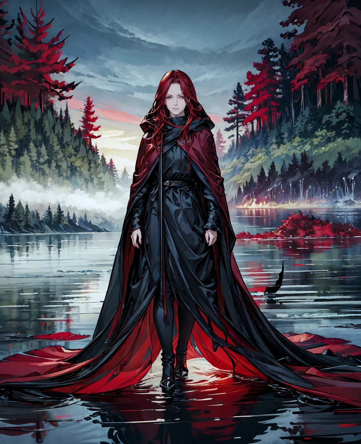 a beautiful woman with long red hair, hooded black cloak, standing by a serene lake in the middle of a dense forest, highly detailed, realistic, cinematic lighting, stunning vibrant colors, dramatic composition, photorealistic, 8K