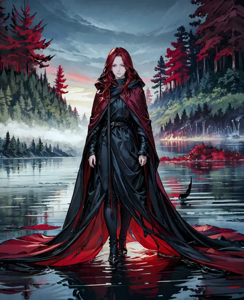 a beautiful woman with long red hair, hooded black cloak, standing by a serene lake in the middle of a dense forest, highly deta...