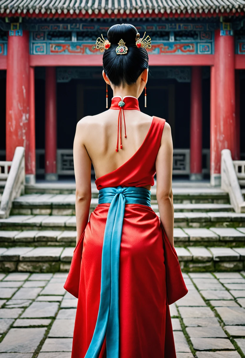 A full-body figure from the back that resembles Chinese actress Zhou Xun. The background is the stone paving outside a Chinese palace during the Qing dynasty. An empress from the Chinese palace during the Qing dynasty is standing in a red Hanfu, exposing only her large buttocks. She has pulled her loincloth down to show her buttocks. Her profile shows her large breasts. She is standing with her hair tied up and pulled up, wearing a Chinese empress crown.