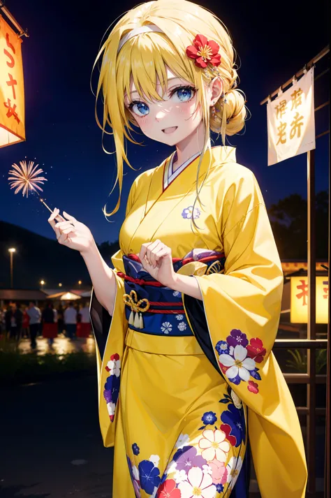 Alicesburg, Alice Zuberg, bangs, blue eyes, Blonde, Hair between the eyes, Long Hair,Flower Hair Ornaments,hair tied back, hair band, white hair band,Yellow Kimono,happy smile,smile, Open your mouth,Fireworks in the night sky、Fireworks,The place is a fireworks display,Time is night,sunny day,Japanese Festivals,Summer festival food stalls,Red lantern,whole bodyがイラストに入るように
break outside, shrine,
break looking at viewer, whole body,(Cowboy Shot:1.5),
break (masterpiece:1.2), Highest quality, High resolution, unity 8k wallpaper, (figure:0.8), (Beautiful attention to detail:1.6), Highly detailed face, Perfect lighting, Highly detailed CG, (Perfect hands, Perfect Anatomy),