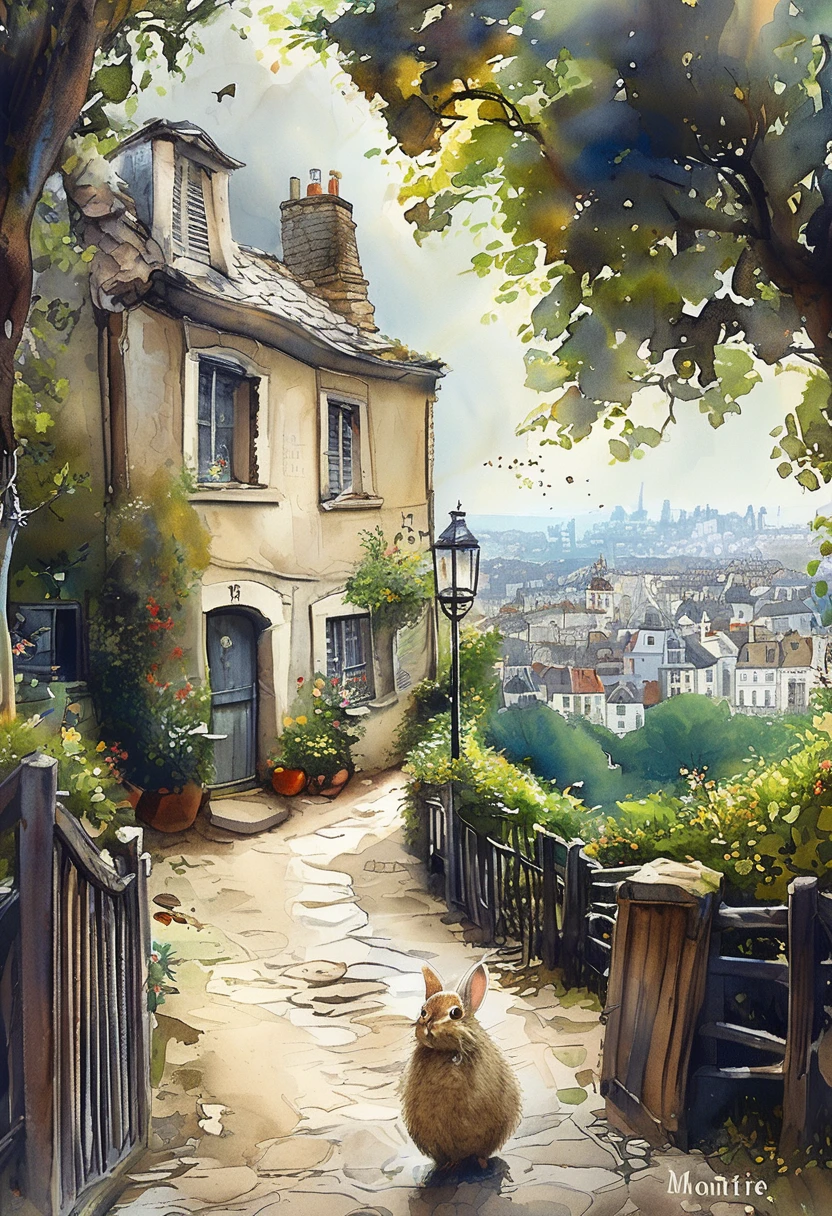 Montmartre Hill、High resolution,Postcard illustration,, Highest quality, 超High resolution, (Realistic:1.5),(skin reflex:1.3), RAW Photos,Physically Based Rendering,Curvy, , medieval city background,style of Beatrix Potter