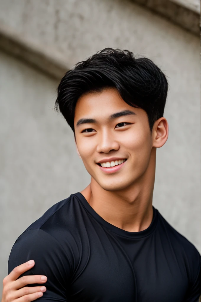 single: 1.5, (ที่TRUEแล้ว, Masterpiece, 8k HD, good light quality, sportswear, to fit the face, complicated details), A handsome Korean man with muscular arms.. , 20 years old, be happy, smile brightly, detailed face, delicate eyes, look at the sky, Wear a navy tight T-shirt.:1.6 ., black eyes, Black hair color, ผมsmooth, smooth，SurTRUE，Excellent details，Highest quality，TRUE，Open your mouth to talk.. , Close your eyes.., (large field:1.5)