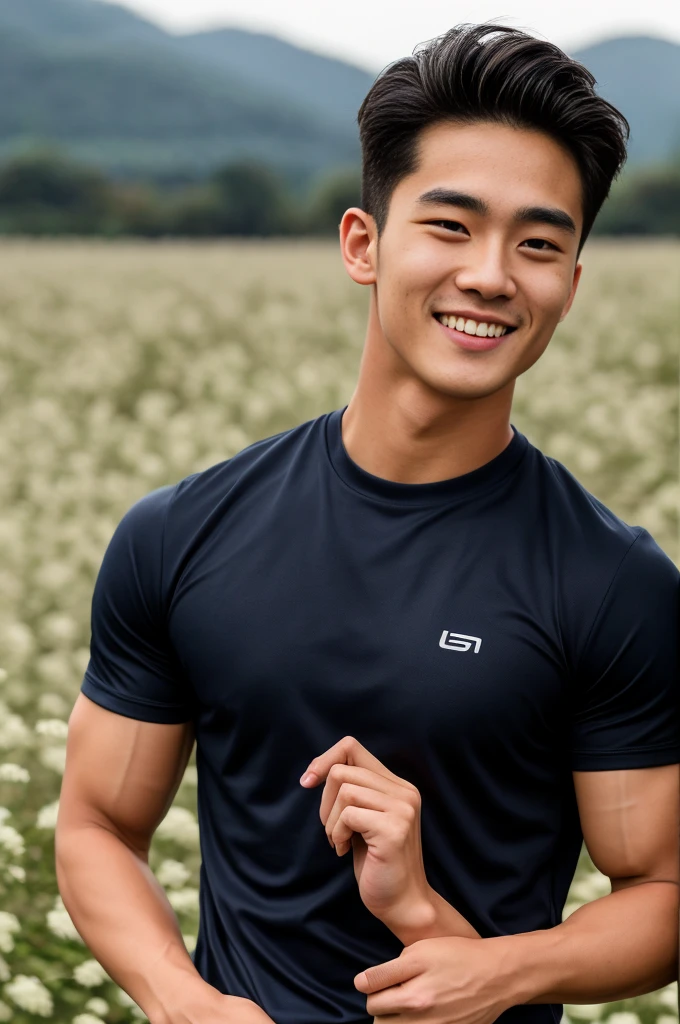 single: 1.5, (ที่TRUEแล้ว, Masterpiece, 8k HD, good light quality, sportswear, to fit the face, complicated details), A handsome Korean man with muscular arms.. , 20 years old, be happy, smile brightly, detailed face, delicate eyes, look at the sky, Wear a navy tight T-shirt.:1.6 ., black eyes, Black hair color, ผมsmooth, smooth，SurTRUE，Excellent details，Highest quality，TRUE，Open your mouth to talk.. , Close your eyes.., (large field:1.5)