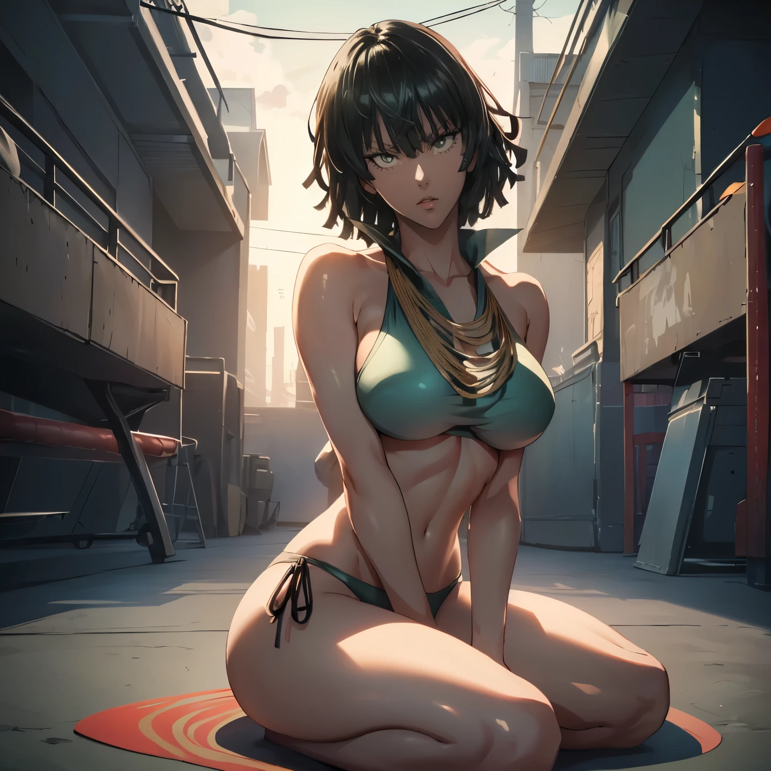 (WALLPAPER, (fubuki\one punch man\), (((1 girl, white string bikini))), masterpiece, 4k, vector coloring, fully body view, (scene: sitting on arena very tired, location: pro wrestling arena), (high color saturation), contrast lighting, mature female, (curvy:0.8), solo, anime style, sharp focus, professional artwork, intricate details, colorful, vibrant colors, vivid colors, digital blending, ultra detailed body, ultra detail hair, ultra detail face, trending on pixiv, very hot colors, (((hot body))), detailed bold arm lines, high color saturation, bold lines, bold drawing lines), (head tilt), open mouth), (white skin, (fair skin), thick body, milf, perfect face), (legs, big breasts, big booty, off-shoulders, thick, (detailed shoulders, detailed arm lineare shoulders, bare legs),