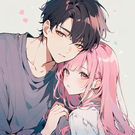 a pink-haired girl and a black-haired boy holding hands　watercolor、pale colour、