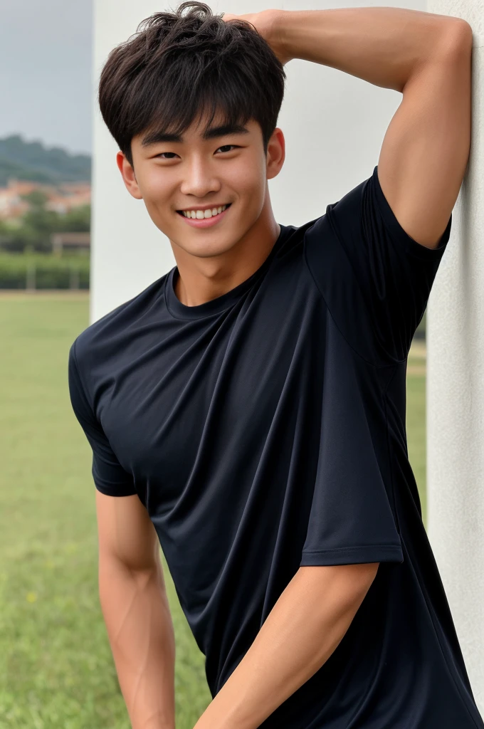 single: 1.5, (ที่TRUEแล้ว, Masterpiece, 8k HD, good light quality, sportswear, to fit the face, complicated details), A handsome Korean man with muscular arms.. , 20 years old, be happy, smile brightly, detailed face, delicate eyes, look at the sky, Wear a navy tight T-shirt.:1.6 ., black eyes, Black hair color, ผมsmooth, smooth，SurTRUE，Excellent details，Highest quality，TRUE，Open your mouth to talk.. , Close your eyes.., (large field:1.5)