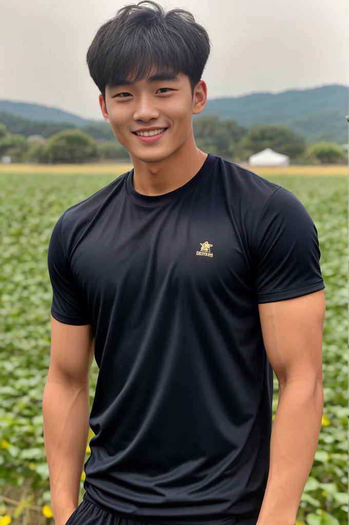 single: 1.5, (ที่TRUEแล้ว, Masterpiece, 8k HD, good light quality, sportswear, to fit the face, complicated details), A handsome Korean man with muscular arms.. , 20 years old, be happy, smile brightly, detailed face, delicate eyes, look at the sky, Wear a navy tight T-shirt.:1.6 ., black eyes, Black hair color, ผมsmooth, smooth，SurTRUE，Excellent details，Highest quality，TRUE，Open your mouth to talk.. , Close your eyes.., (large field:1.5)