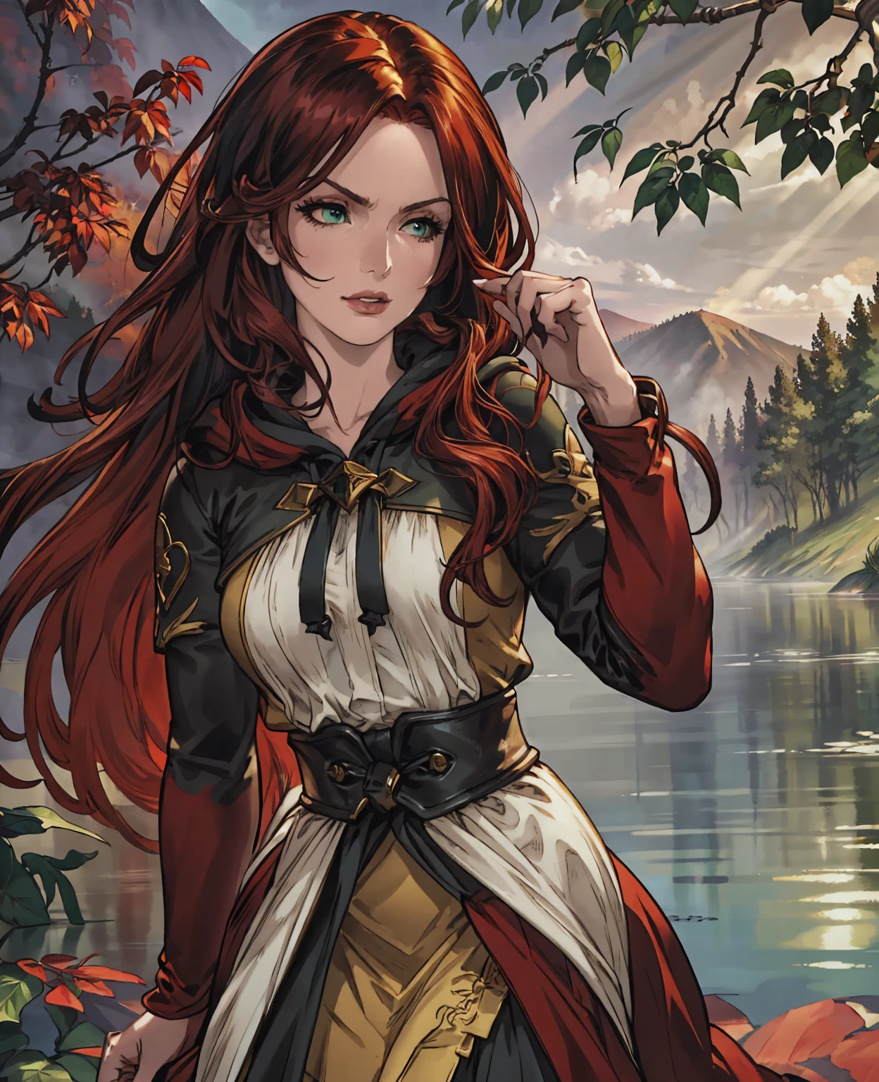 a beautiful girl with long red hair, black hooded cloak, standing in the middle of a serene forest lake, (best quality,4k,8k,highres,masterpiece:1.2),ultra-detailed,(realistic,photorealistic,photo-realistic:1.37),detailed facial features, striking green eyes, full red lips, intricate hooded cloak, still lake reflecting the forest, lush green trees surrounding the lake, golden sunlight filtering through the leaves, moody atmospheric lighting