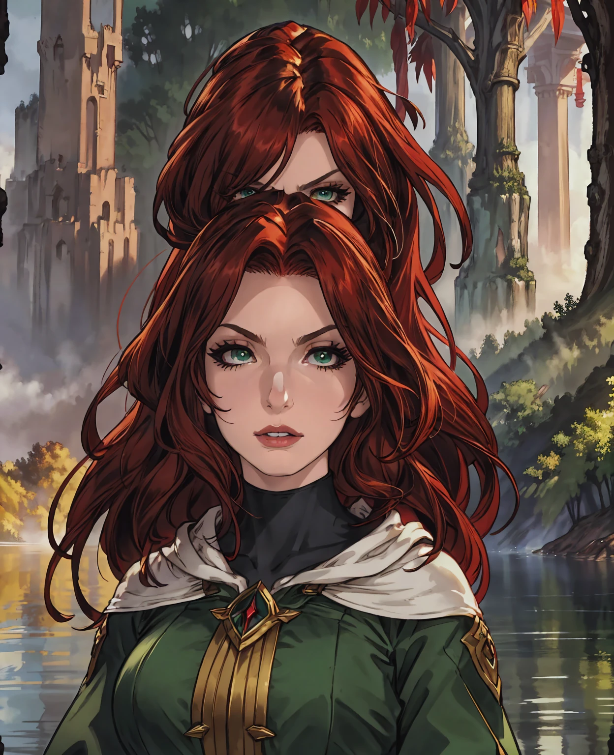 a beautiful girl with long red hair, black hooded cloak, standing in the middle of a serene forest lake, (best quality,4k,8k,highres,masterpiece:1.2),ultra-detailed,(realistic,photorealistic,photo-realistic:1.37),detailed facial features, striking green eyes, full red lips, intricate hooded cloak, still lake reflecting the forest, lush green trees surrounding the lake, golden sunlight filtering through the leaves, moody atmospheric lighting