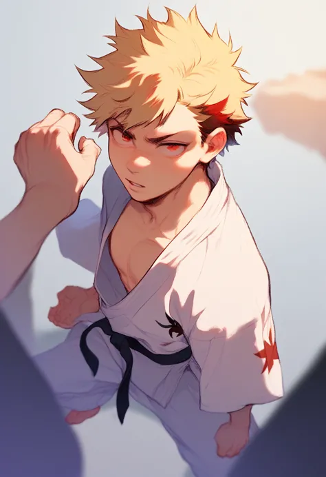 bakugo katsuki,red eyes, blonde hair, short hair,1boy,solo focus, spiked hair, summer attire, parted lips, oversized kyokushin k...