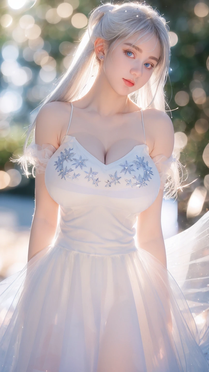 Georgeous, Beautiful, Cute, Baby Face, 18 Years Old, White Skin, Cleavage, ((Large Colossal Breast:1.5)), Sleeveless, Off Shoulder, Strapless, ((Transparent:1.3)), ((White Long Lolita Dress)), (Embroidery), Posing, ((Silver Hair)), ((Bright Blue Eye)), ((Muscles:1.3)), ((Bokeh:1.3)), Animal Farmer Background, Masterpiece, Twintails