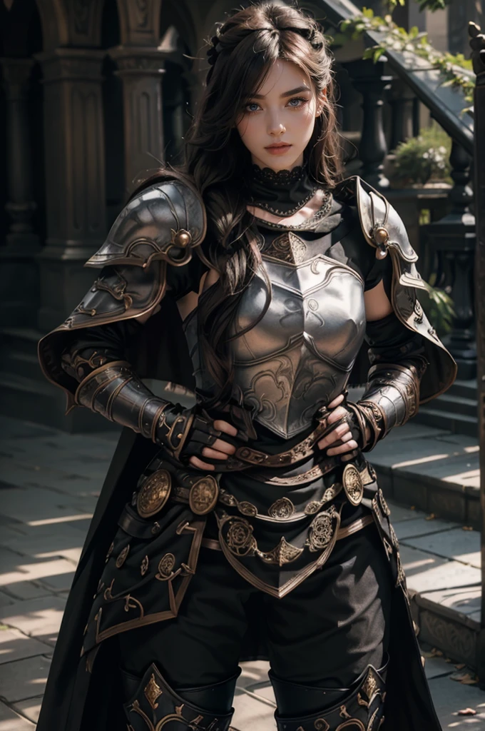 (real photography), (8k), (masterpiece: 1.2), (best quality: 1.2), perfect eyes, perfect face, volumetric light, 1girl, tall and mature Persian female warrior, muscular, long hair, bouffant Puff cut, black heavy armor, huge shoulder armor, gauntlets, cape, belt, machete, leather pants, stern expression, makeup, lipstick, eye shadow, mascara, thick eyelashes, dark fantasy, outdoors, detailed background, hands on hips,digital art, MGS V Quiet, looking serious, masterpiece, best quality, sexy
