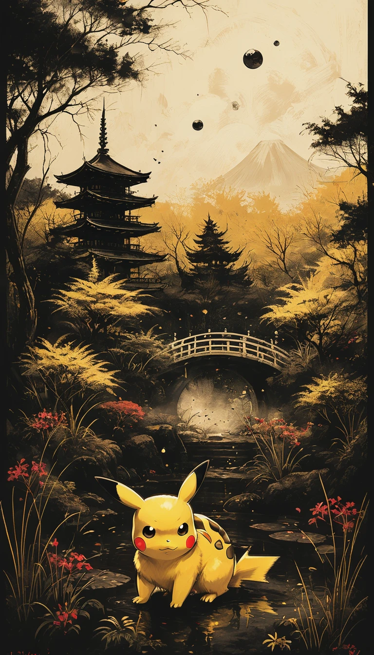 Ein beeindruckendes Gemälde von Pikachu in einem japanischen Garten。Sehr schön gezeichnet,   8k,   scharf,  Fachmann, klar,   Hoher Kontrast, hohe Sättigung, , Lebendiges, tiefes Schwarz, crystal klar