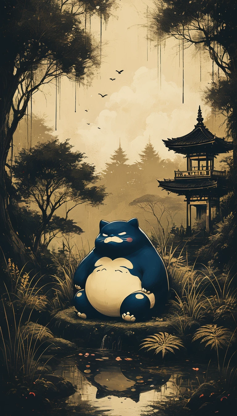 Uma pintura impressionante do Pokémon Snorlax em um jardim japonês。Desenhado com muita precisão。Snorlax está dormindo com os olhos fechados