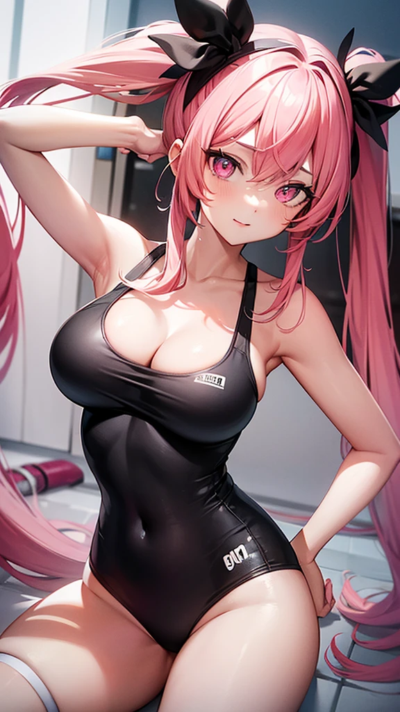 (Highest quality,High resolution,Ultra-detailed,girl),Pink Hair,Height: 160cm,cute,Pink Eyes,Twin tails,Big Breasts,She is wearing a black swimsuit,Her eyes are white and shining,Has bright white eyes,I&#39;m looking at this,Has an embarrassed face，