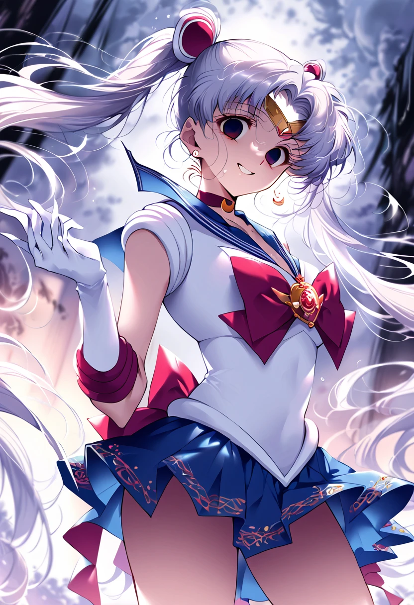 (masterpiece, Highest quality, so beautiful, Super detailed), Intricate details, 12k, Honestly, Long Hair, Double Bang, Twin tails, Parted bangs, tiara, Earrings, red eyes, Red choker, Blue sailor collar, Red Bow, White shirt, Elbow hand pockets, White gloves, Blue Skirt, Are standing, Cowboy Shot,,(evil smile:1.2), 1girl,(Silver Hair:1.4),(empty eyes,:1.4),from below,looking dawn,dark aura,View your viewers