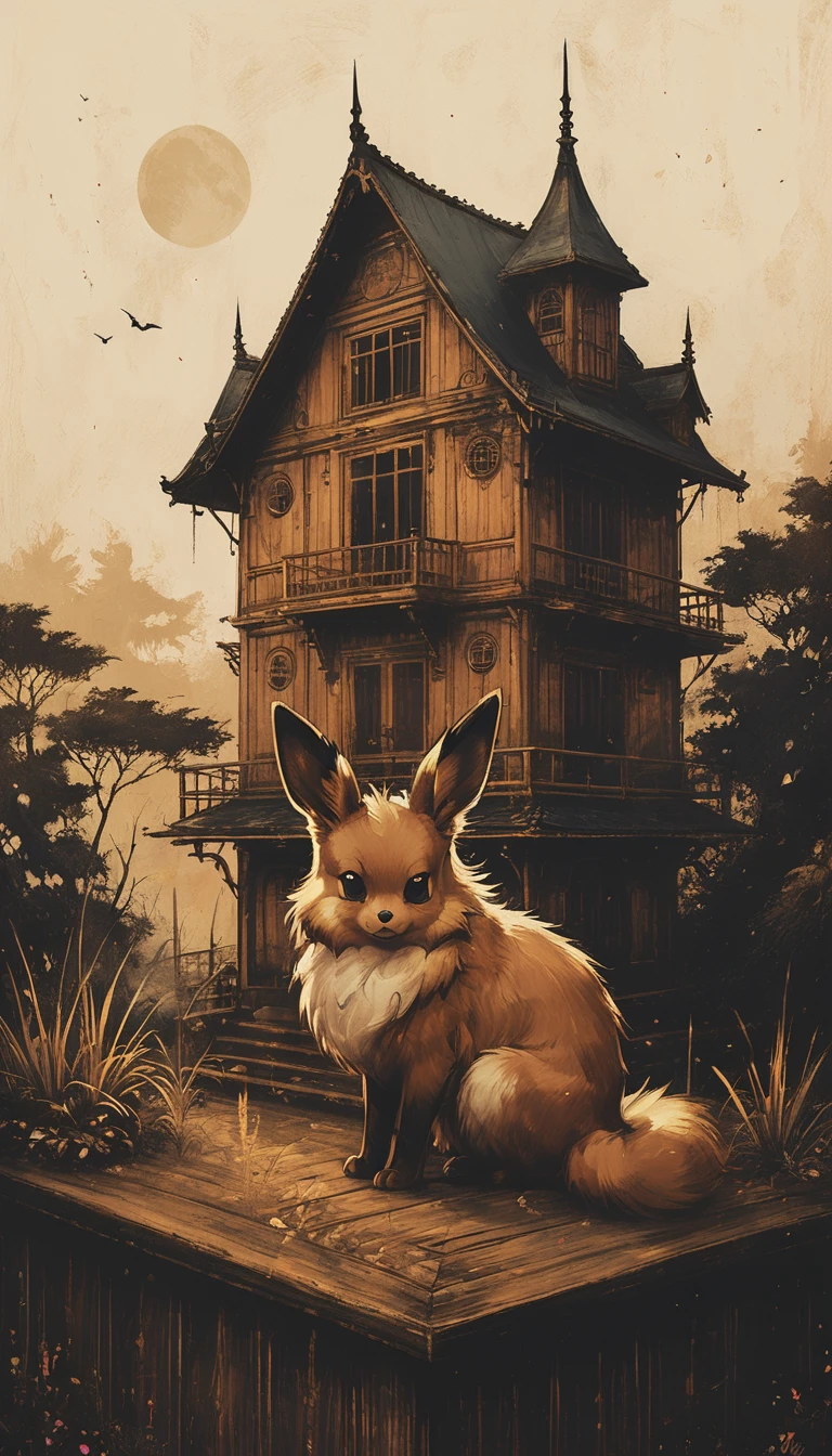 Ein beeindruckendes Gemälde von Pokémon Eevee auf einem alten japanischen Haus。Sehr präzise gezeichnet。Eevee schläft mit geschlossenen Augen、Eevee schläft auf dem Balkon