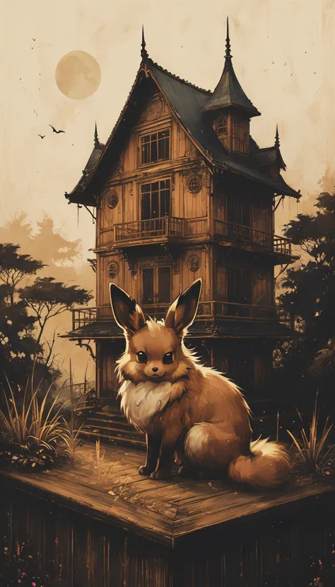 An impressive painting of Pokémon Eevee on an old Japanese house。Very precisely drawn。Eevee is sleeping with her eyes closed、Eev...