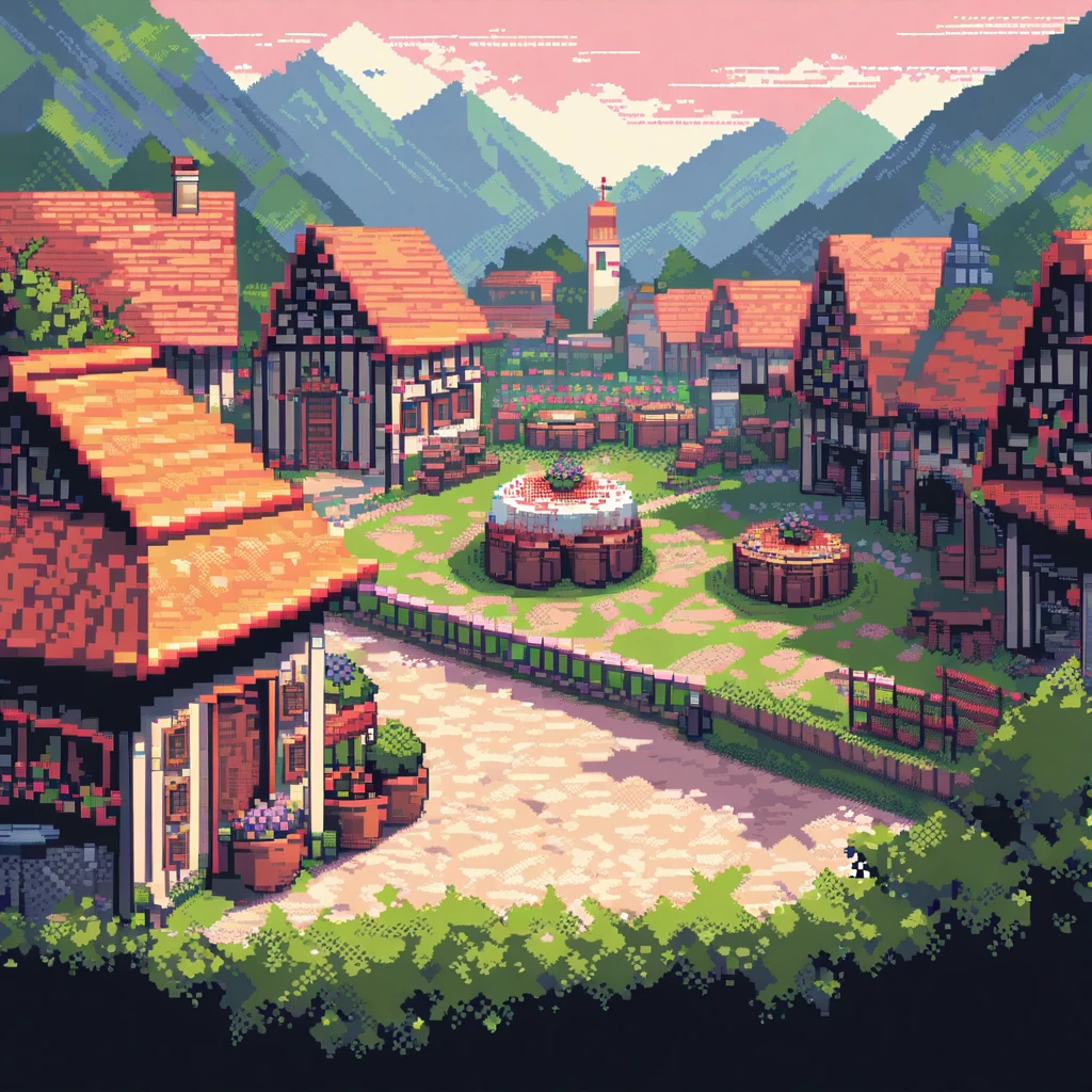 (Artwork, Highest quality:1.2), Pixel art, Viewed from the side, Side view, Side camera ,Village square