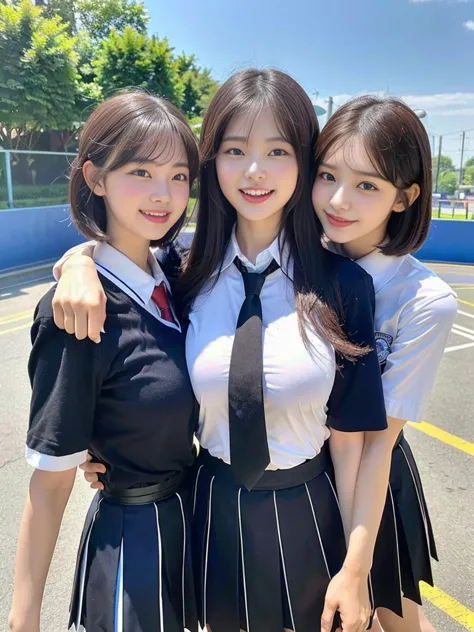 (a super cute korean schoolgirl takes a commemorative photo with her three best friends:1.2)(laughing:1.2)(beautiful sweat:1.1)(...