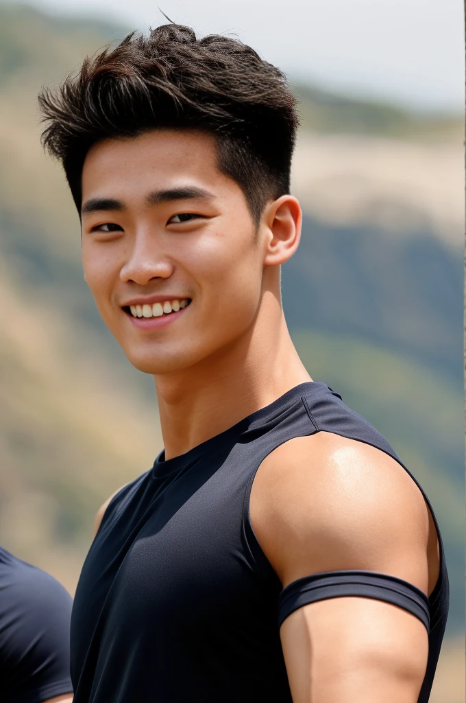 single: 1.5, (ที่TRUEแล้ว, Masterpiece, 8k HD, good light quality, sportswear, to fit the face, complicated details), A handsome Korean man with muscular arms.. , 20 years old, be happy, smile brightly, detailed face, delicate eyes, look at the sky, Wear a navy tight T-shirt.:1.6 ., black eyes, Black hair color, ผมsmooth, smooth，SurTRUE，Excellent details，Highest quality，TRUE，Open your mouth to talk.. , Close your eyes.., (large field:1.5)