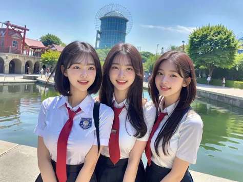 (a super cute korean schoolgirl takes a commemorative photo with her two beautiful best friends:1.2)(laughing:1.2)(beautiful swe...