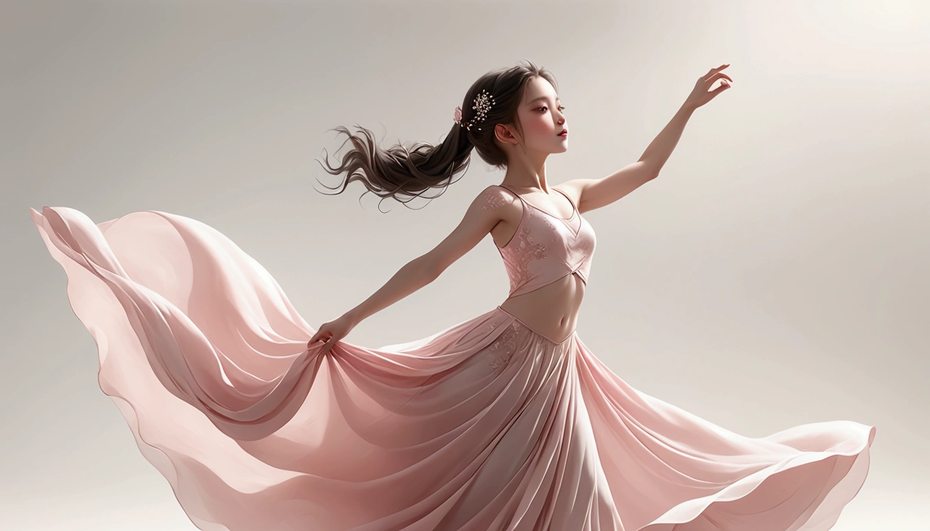 Dance photography；A dancer，Solitary；A little girl in a gorgeous long dress，Princess dress，Chinese style skirt，pink，Conservative style，Smudged skirt hem；The movements of the dance；elegant，Flexible skirt；Long hair shawl。Full body view，front； Simple style；Minimalism。White background，Pure white background；Panoramic photography；Depth of Field, Extraordinary details, masterpiece, high quality, 4K，cinematic lighting, motion blur, depth of field, sparkle, ray tracing, reflection light, anatomically correct, uhd, textured skin, best quality, super detail, highres, high details, accurate, high quality, award winning。