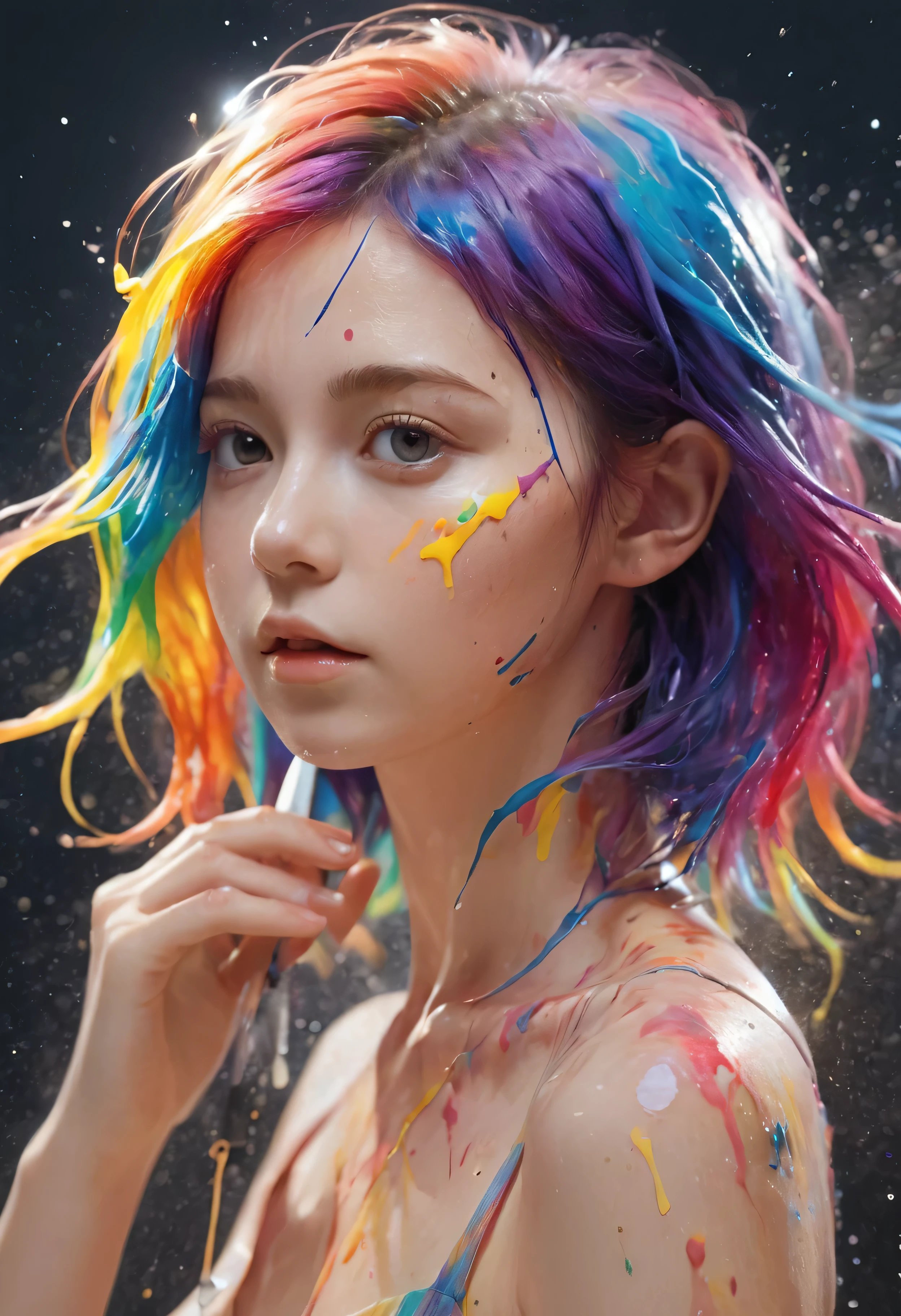 (Level Difference:1.8),(Paints collide and splatter on the canvas),(Depth of written boundary),(Flat Color:1.1,(theme)),1 girl,Poster,13 years old, Young face, Embarrassed expression, Short Hair, Medium bust, (((She is having liquid dye applied to her naked body with a brush.:1.4))), ((I see many hands holding brushes:1.4)), (Liquid dye applied to naked skin:1.4), Full body woman love,Strong winds,thick smoke,,(liquid dye for rainbow hair:1.1) Painted，anti-gravity,stringy viscous liquid,(Paint splashes:1.3),liquidity,Stunningly beautiful, masterpiece, Detailed Background,Super high quality model, Fantastic Background,Abstract Beauty, Volume, Painting,Blowing,Romantic lighting,Scattered beneath the surface,Shine,8k,High resolution, wonderful,Ray Tracing,Human Development Report,Divine Light,