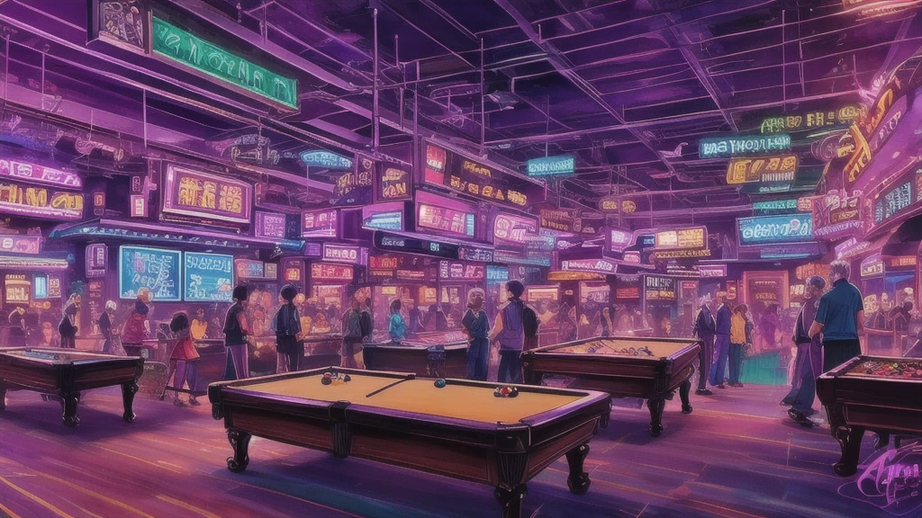 anime, Casino, pool table, people laying on table, people in background, lowlights, purple tone, Picture book illustrations, neon lit venue, alcohol, drinking, drugs, multiple characters in background, character laying on pool tables, older men in background, younger people laying on pool tables, cartoon, anime, artstyle, watercolor