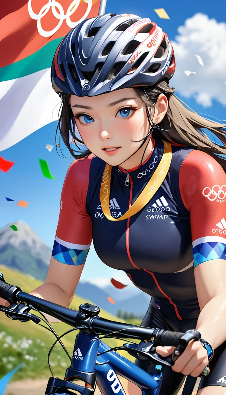 Highest quality, Great quality, 16K, Unbelievably absurd, Very detailed, 2.5D, delicate and dynamic, blue sky, Confetti, Olympic Flag, Mountain bike, Downhill, , Small face, Very delicate facial expressions, Delicate eye depiction, Very fine hair, Upper body close-up, erotic, The only sexy Japanese woman, Healthy body shape, 22-year-old woman, Olympian, Cycling,  Large, firm, swaying bust, Silvery long hair, Sexy long legs, Glowing Skin, Soft Skin, Bike riding clothes, Olympic emblem on chest, protector, Helmet, Gold medal around your neck, Leather trousers, Knee-high boots, Mountain bike, 