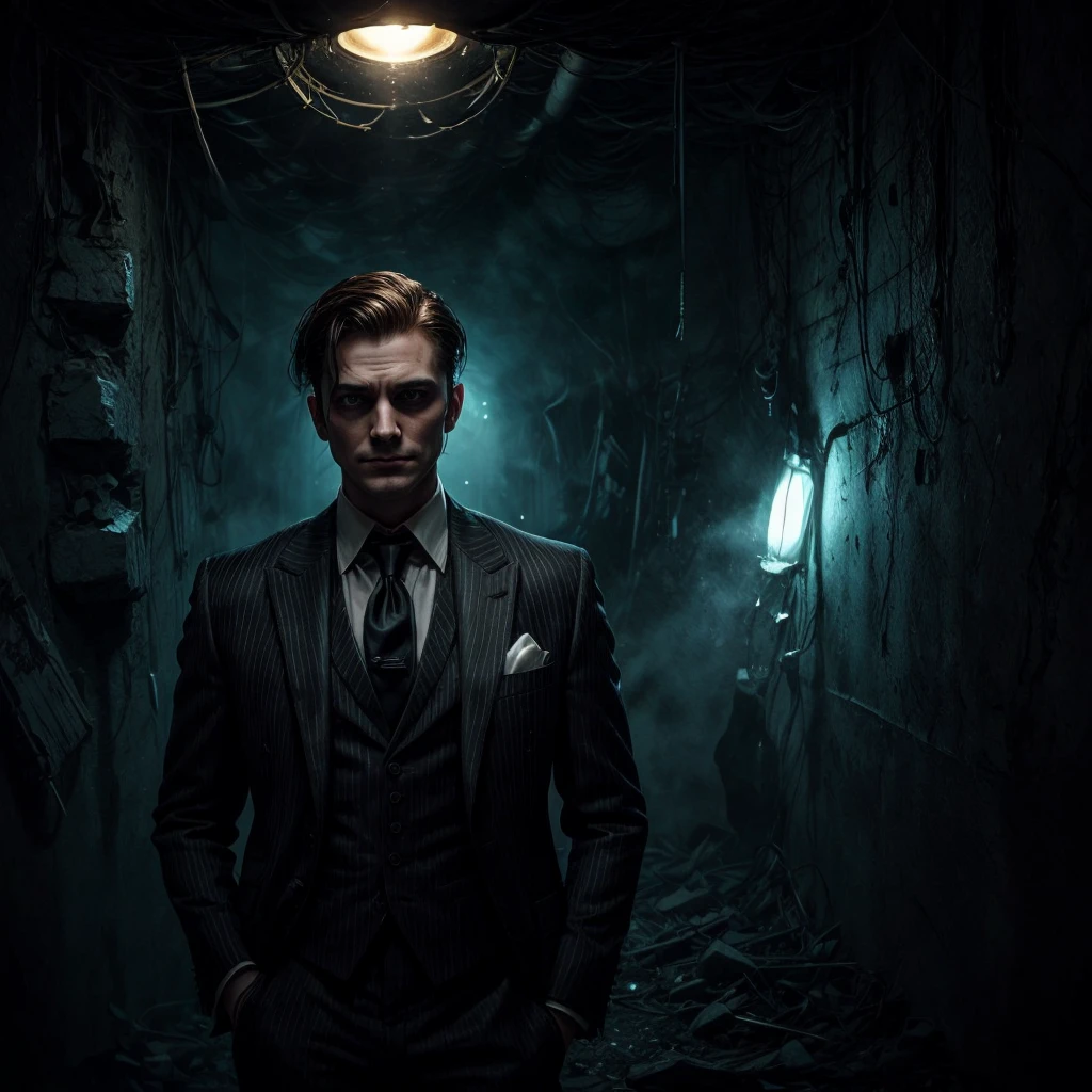 A habdsome man with short brown hair slicked back, a deviois smirk on his face, he has the brightest green eyes that shine in the darkness, shadows all over his face. He wears a black pinstripe suit with a white tie, his hands are behind his back, and he stands in a dark tunnel with light behind him and spectral spirits around him, ghosts, halloween, scary, horror