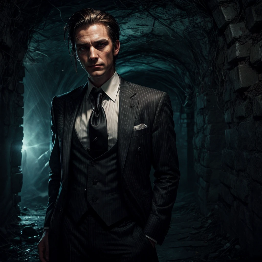 A habdsome man with short brown hair slicked back, a deviois smirk on his face, he has the brightest green eyes that shine in the darkness, shadows all over his face. He wears a black pinstripe suit with a white tie, his hands are behind his back, and he stands in a dark tunnel with light behind him and spectral spirits around him, ghosts, halloween, scary, horror