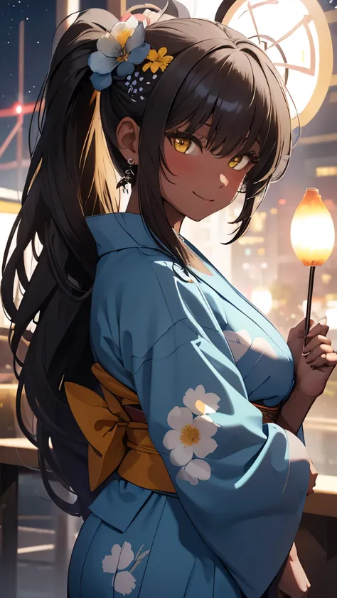 masterpiece, best quality, (night at summer festival), long black hair, ponytail, halo, bangs, yellow eyes, (detailed eyes), ear...