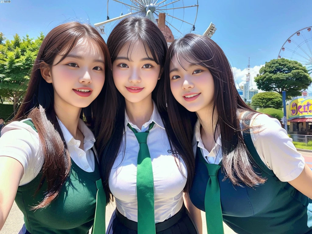 (A super cute Korean schoolgirl takes a commemorative photo with her two beautiful best friends:1.2)(laughing:1.2)(Beautiful Sweat:1.1)(16K, RAW Photos, Highest quality, masterpiece: 1.2),(Her shiny, beautiful black bob hair sways softly in the wind.:1.1) Super detailed, Super Resolution, (Genuine, Genuine photos: 1.37), Portraiture, High-resolution RAW color photos, Professional photos, Very detailed, 8k wallpaper, Very detailed CG Unity 8k wallpaper, Very detailed beautiful girls, Very detailed faces, ((whole body)), beautiful woman, Huge breasts,(huge boobs:1.1) (Big Boobs:1.1), beautiful  (Cute school uniforms,School-designated summer short-sleeved shirt＆Green tie and shirt uniform),high school girl, Korean Girls,(K-POP Female Idols), (Idol-class beauty)(Beautiful high school girl:1.1)(In front of the giant attraction at an amusement park on a sunny day)((16 years old)(Date:1.2)(Group photo:1.2)