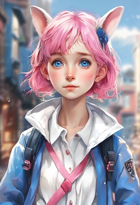 Ski Style, One girl, alone, Pink Hair, Animal ears, blue eyes, wing, View your viewers, bangs, short hair,  Sailor collar, white...