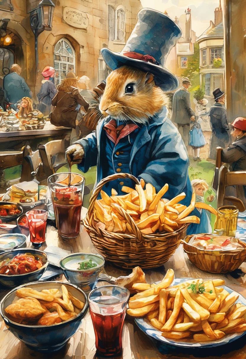 [(Transparent Background: 1.5)::5],(((masterpiece))),(((Highest quality))),(((Very detailed))),figure, mysterious,Bright colors, Shiny , (Impressionism: 1.4), Ready to eat, french fries, Family Barrel, Fish and Chips, (snack bar), (Opening a store), London, Harry potter, Harry potter, The wizarding world, Restaurant, cooking, Foodservice, typography, type design, Magic Style, mysteriousなフォント, ,style of Beatrix Potter