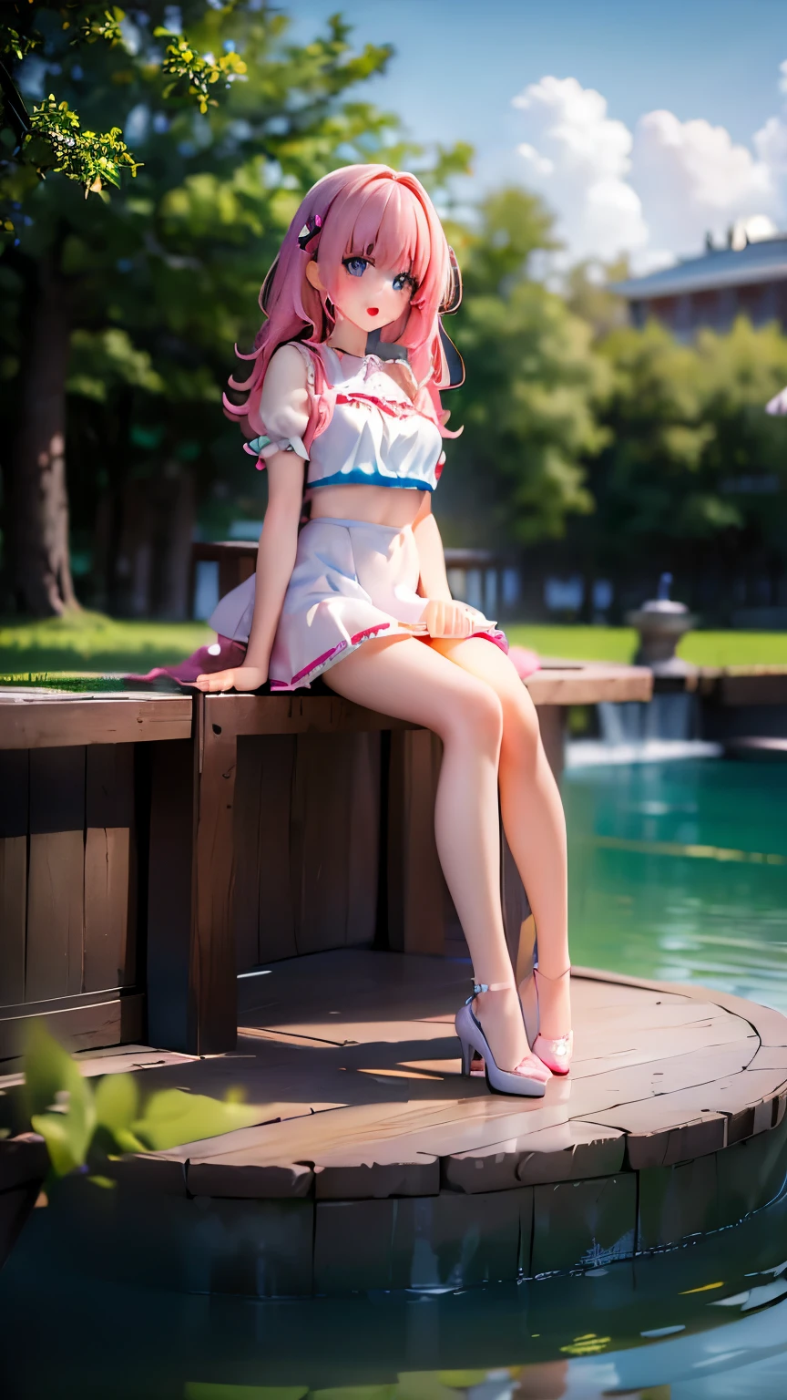 ((masterpiece)), ((Highest quality)), High resolution, 1 girl, alone, mini skirt、White dress、Wind、whole body、Pink Hair、Long Hair、Wavy Hair、Big Eyes、Enamel maid outfit、High heels、Poolside、Half-open mouth、Red cheeks、Looking up