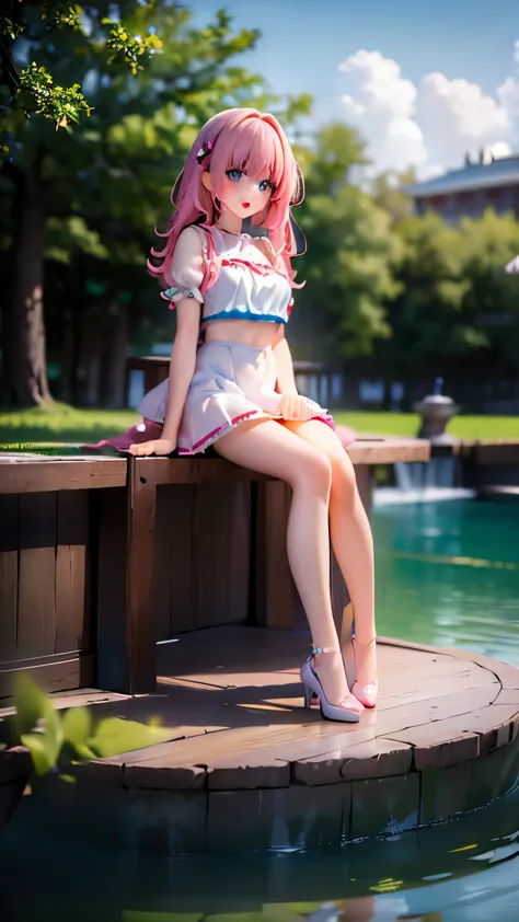 ((masterpiece)), ((highest quality)), high resolution, 1 girl, alone, mini skirt、white dress、wind、whole body、pink hair、long hair...