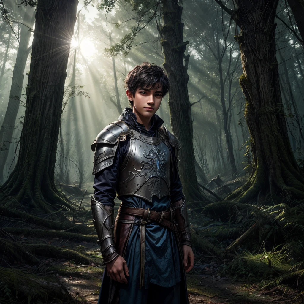 A handsome young teenage boy of about 17, with short black hair, black eyes, and fair skin. He has a slight smile on his face, a scar on his cheek, he wears a bright blue tunic, a beautiful silver fantasy armor. He stands in front of the ruins of an old church in the middle of a forest, and the rays of sunlight filter through the trees.