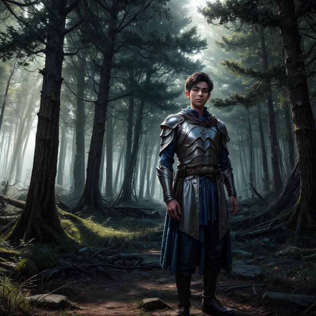 A handsome young teenage boy of about 17, with short black hair, black eyes, and fair skin. He has a slight smile on his face, a scar on his cheek, he wears a bright blue tunic, a beautiful silver fantasy armor. He stands in front of the ruins of an old church in the middle of a forest, and the rays of sunlight filter through the trees.