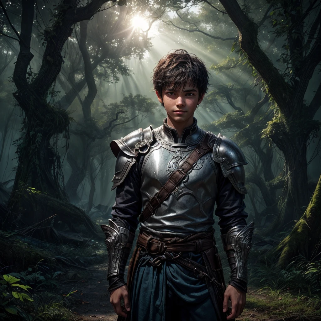 A handsome young teenage boy of about 17, with short black hair, black eyes, and fair skin. He has a slight smile on his face, a scar on his cheek, he wears a bright blue tunic, a beautiful silver fantasy armor. He stands in front of the ruins of an old church in the middle of a forest, and the rays of sunlight filter through the trees.