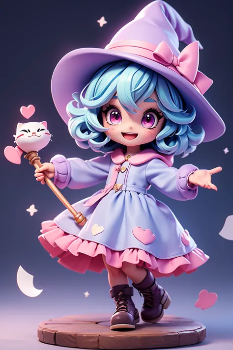 a cute little witch with a feline and mischievous look, tiny, pink eyes, witch hat, cat mouth, cuteness, holding a staff, fun lo...