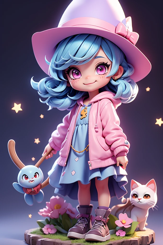 A cute little witch with a feline and mischievous look, tiny, pink eyes, witch hat, cat mouth, cuteness, holding a staff, fun look, messy, lively, smiling, chibi, tiny, short, light blue hair, grayish purple dress #6e5375.