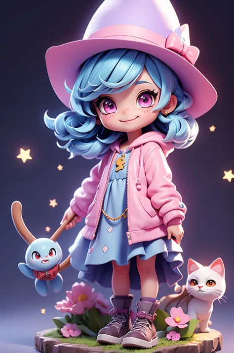 a cute little witch with a feline and mischievous look, tiny, pink eyes, witch hat, cat mouth, cuteness, holding a staff, fun lo...