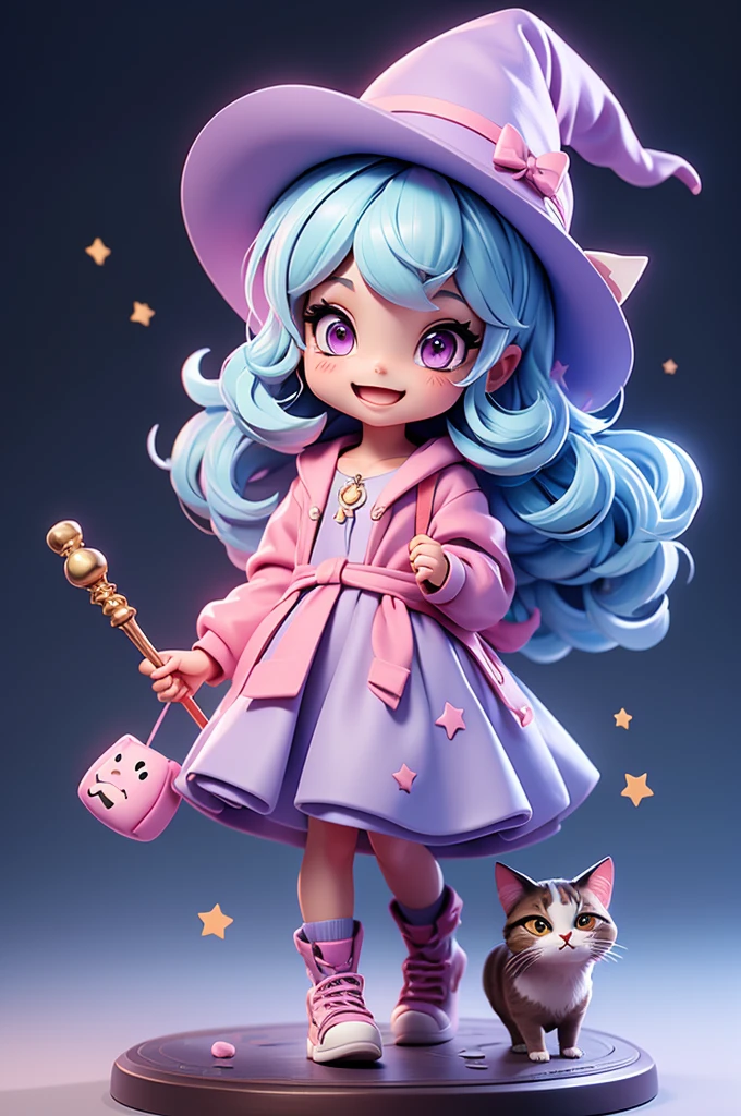 A cute little witch with a feline and mischievous look, tiny, pink eyes, witch hat, cat mouth, cuteness, holding a staff, fun look, messy, lively, smiling, chibi, tiny, short, light blue hair, grayish purple dress #6e5375.